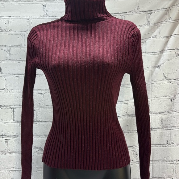 Apostrophe Sweaters - Apostrophe sparkly burgundy ribbed turtleneck sweater